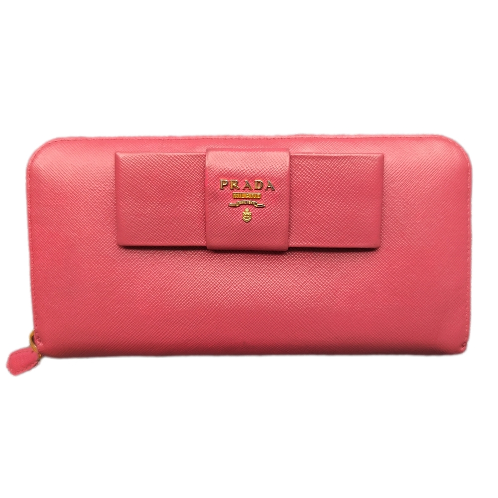 Prada Pink Saffiano Bow Zip Around Wallet Pre-owned